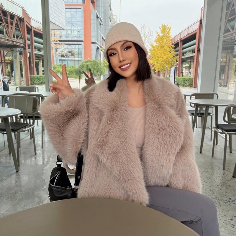 Autumn and winter imitation fox hair medium and long suit collar fur imitation fur jacket loose plush jacket