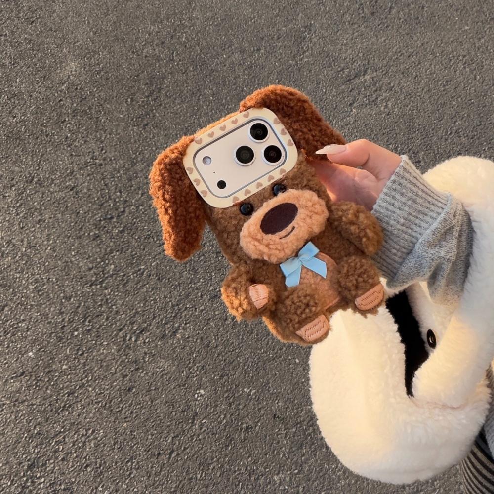 Applicable to Apple 17promax mobile phone case, autumn and winter new 16pro cartoon plush brown teddy dog iPhone15 protective case, cute women's 14