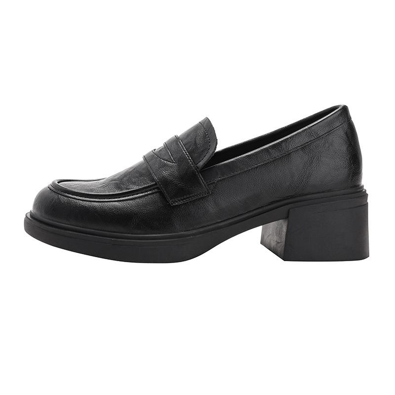 Rindslederversion~ Retro Dickabsatz Runde Zehenpartie Mode Einzelne Schuhe Britischer Stil Pendler High Heel JK Weichleder Ein-Pedal Slipper
