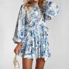 Women Elegant High Waist Tied Printed Long Sleeve A Line Short Dress