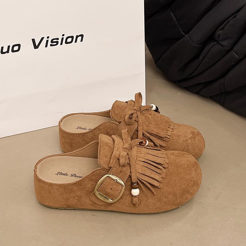 

Imitation cowhide Birkenstock single shoes women s 2025 autumn new platform casual shoes inner heightening loafers fringed bag head slippers 40