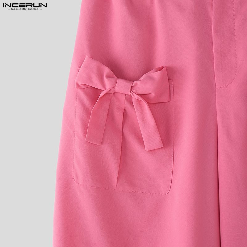 INCERUN Two Pieces Sets Men Lapel Neck Long Sleeve Cropped Shirt Bow Long Trousers Pants Outfits