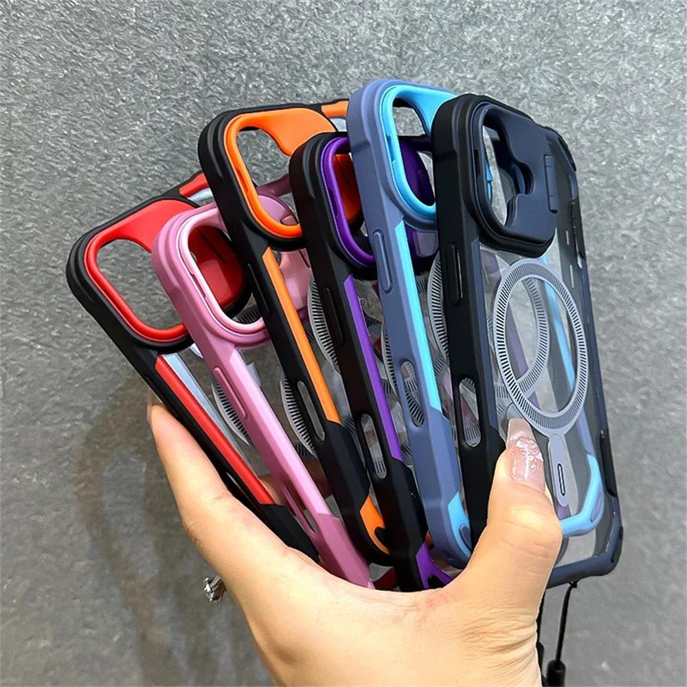 Armor Candy Color Clash For Magsafe Phone Case For 16 14 13 12 15 Pro Max 16 Plus Fold Lens Stand With Wrist Strap Cover
