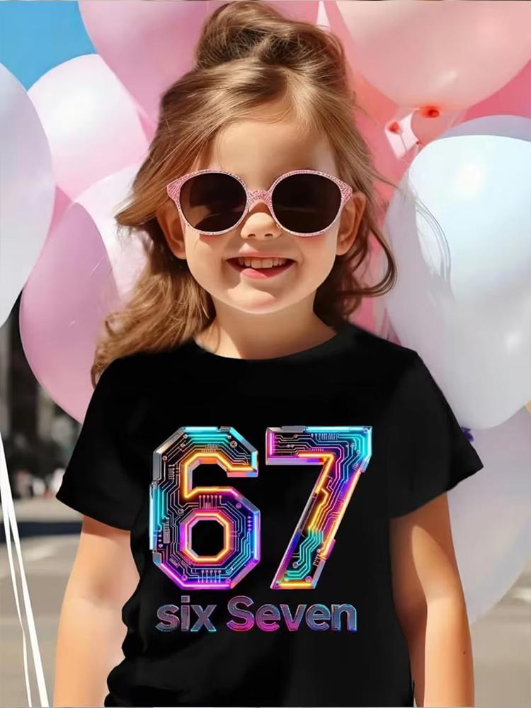 Kids Number 67 Graphic TShirt Soft Cotton Crew Neck Cool Fire Ice Cyberpunk Style for Boys Girlstk0065