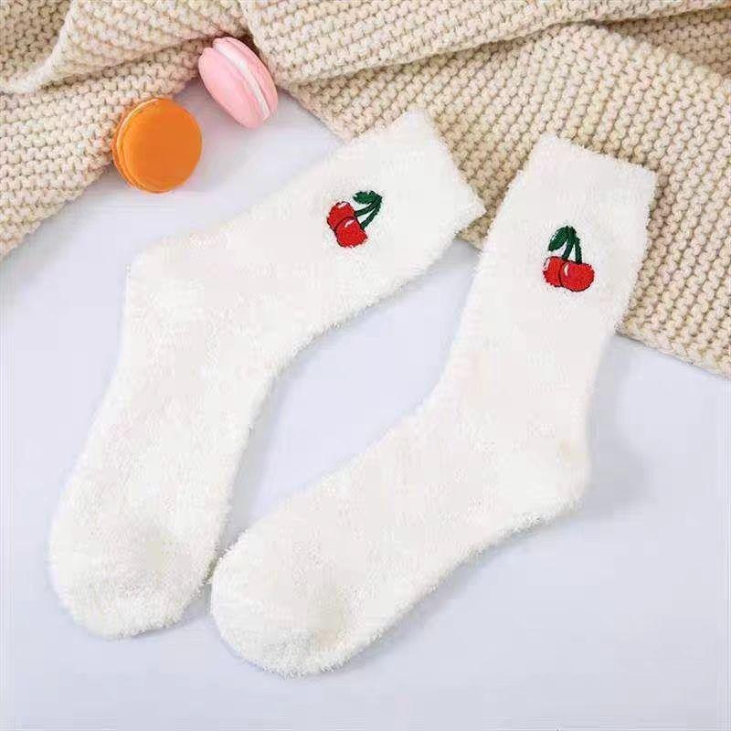 Kawaii Women's Fruit Embroidery Socks Fluffy Warm Plush Socks Female Fashion Winter Coldproof Floor Sleep Socks Snow Terry Sock