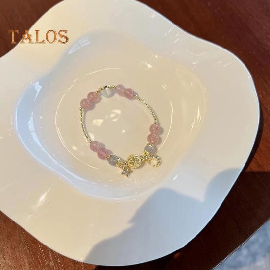 Women Bracelet Smooth Bead Polished Star Moon Pendant Rhinestone Adjustable Shopping Work Party Dating Wrist Chain Lady Jewelry