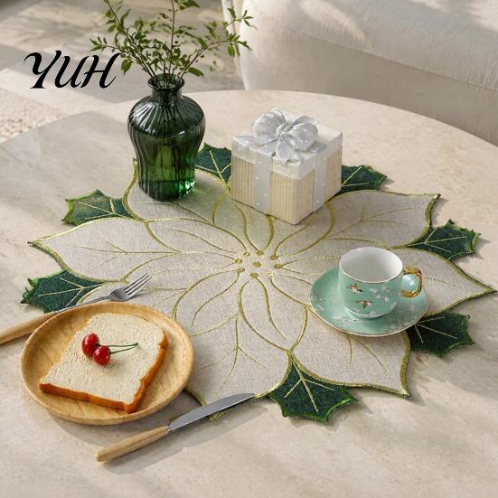 Christmas Table Placemats for Dining Floral Leaf Placemat Table, Decorative Polyester Fabric Round Mats Home with Festive Leaves Design Party