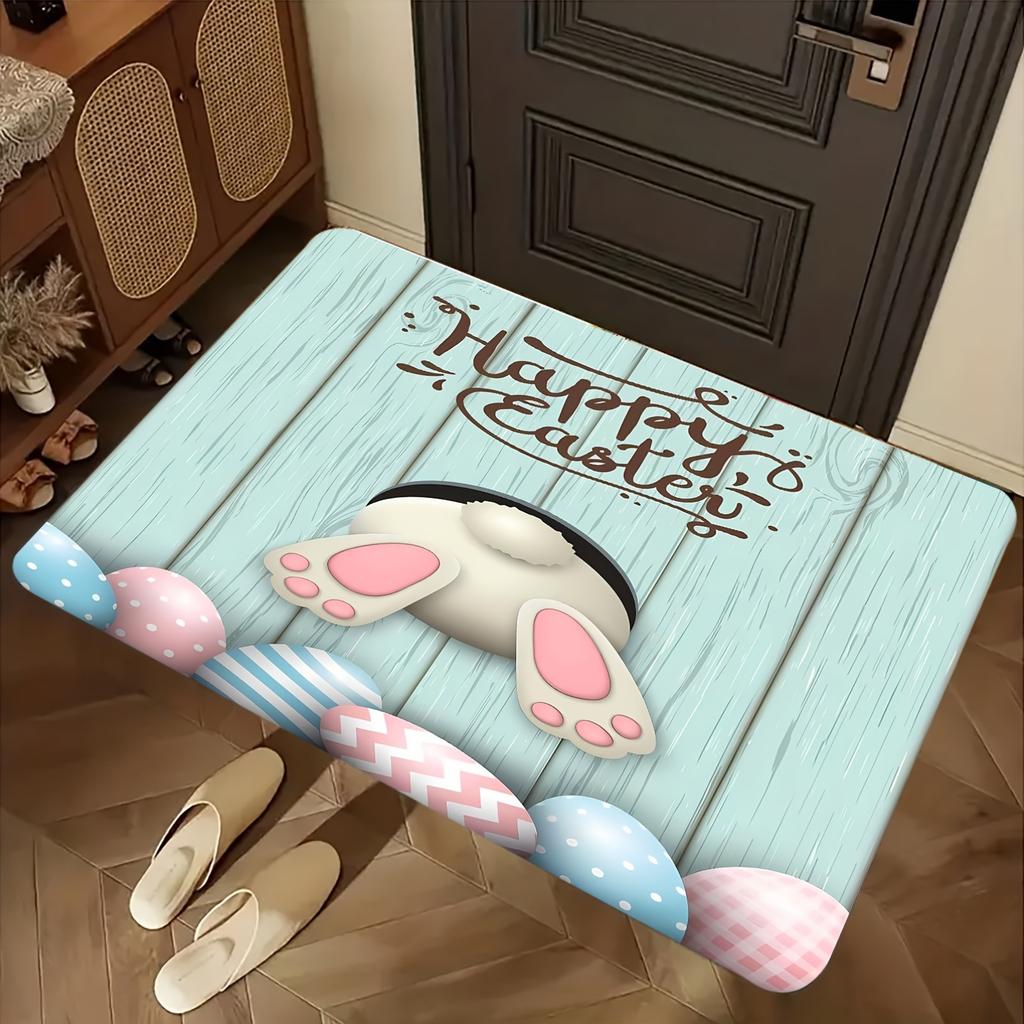 Easter Cartoon Rabbit Carpet Mat Rug with Colorful Eggs Flowers Home Porch Decoration Door Mat Festive Indoor Outdoor Floor Mat