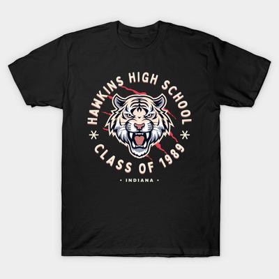 Men Black Print T-shirt Hawkins High School Tigers 1989 Graduation Retro No-Cut Transfer Paper Print Cotton Tshirt