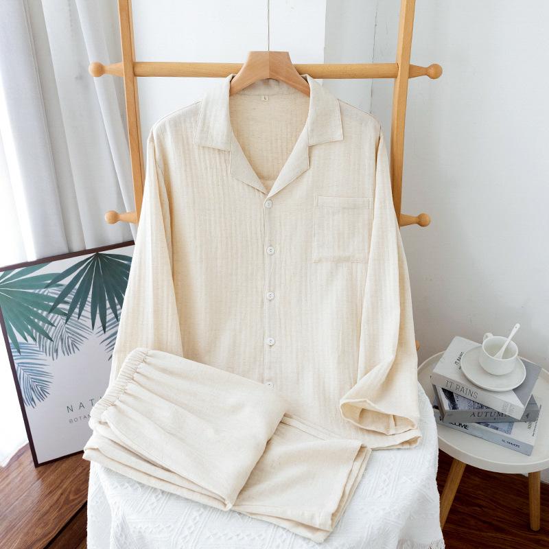 Reine Baumwolle und Leinen Revers Pyjama-Set Herren Vier-Jahreszeiten Dünn Langarm Hose Baumwolle Doppellagige Gaze Papa Loungewear