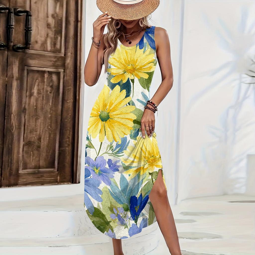 Women Sleeveless Floral Print Maxi Dress Casual Loose Fit Long Sundress Summer Lightweight Tank Style Beach Outfit