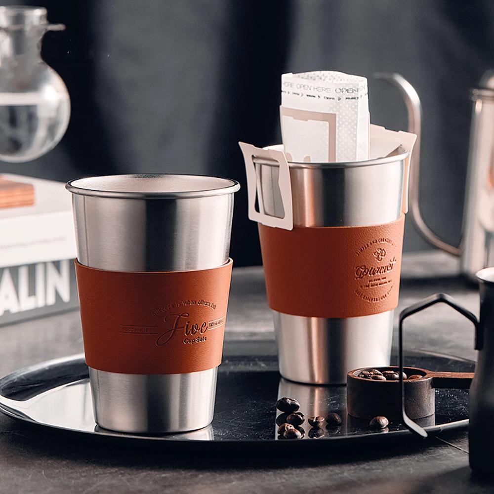 1/2Pcs Silber Ohr Kaffee Spezielle Tasse Hohe Qualität 304 Edelstahl PU Leder Vintage Kaffee Tasse Set außen Büro Hause Becher