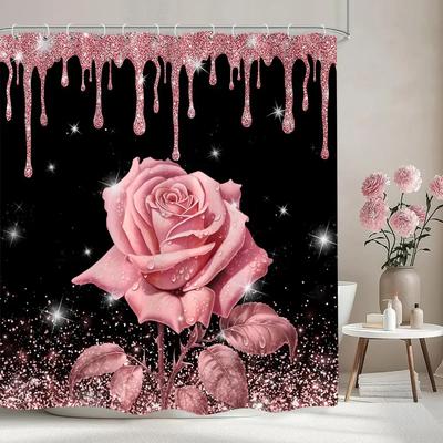 Pink Rose Shower Curtain Flower Pink Glitter Glitter Bathroom Curtains For Kids Girls and Adults Room Decor Fabric Bath Curtains
