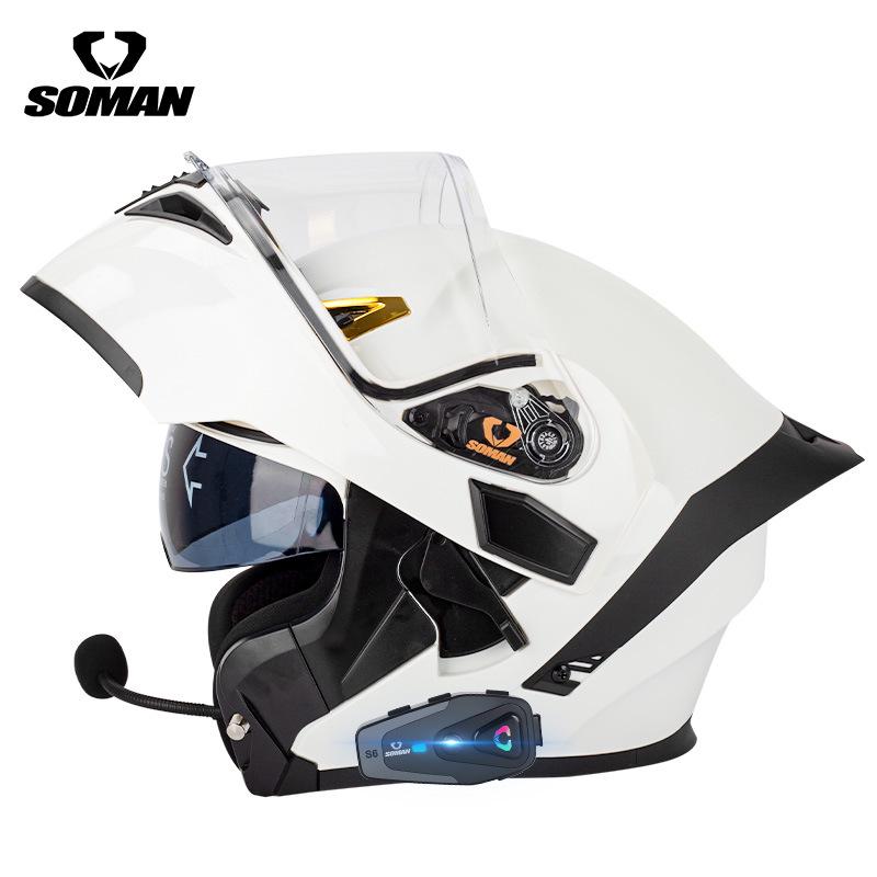 SOMAN Bluetooth Motorcycle Helmet with Double Lens and Flip-Up Design for All Seasons