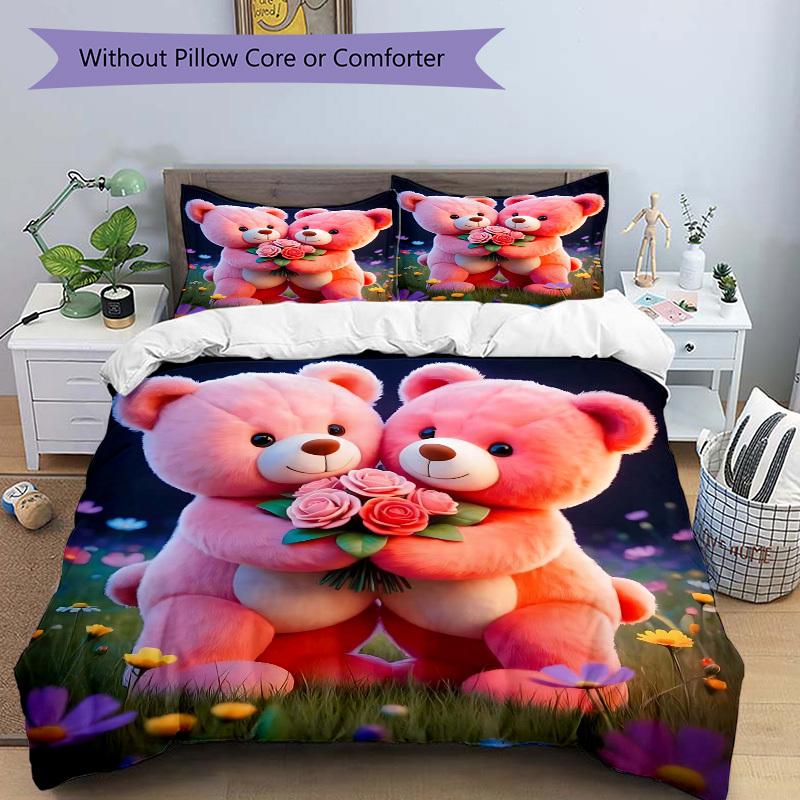3pcs Pink Teddy Bear Floral Bedding Set - Includes One Quilt Cover and Two Pillowcases (No Core) - Home Decor, Festival Gift, Polyester Fabr