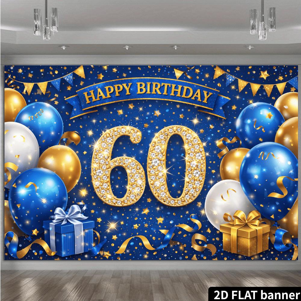 2D plane 60-year-old diamond-encrusted digital birthday background cloth, navy blue starry background with diamond encrations
