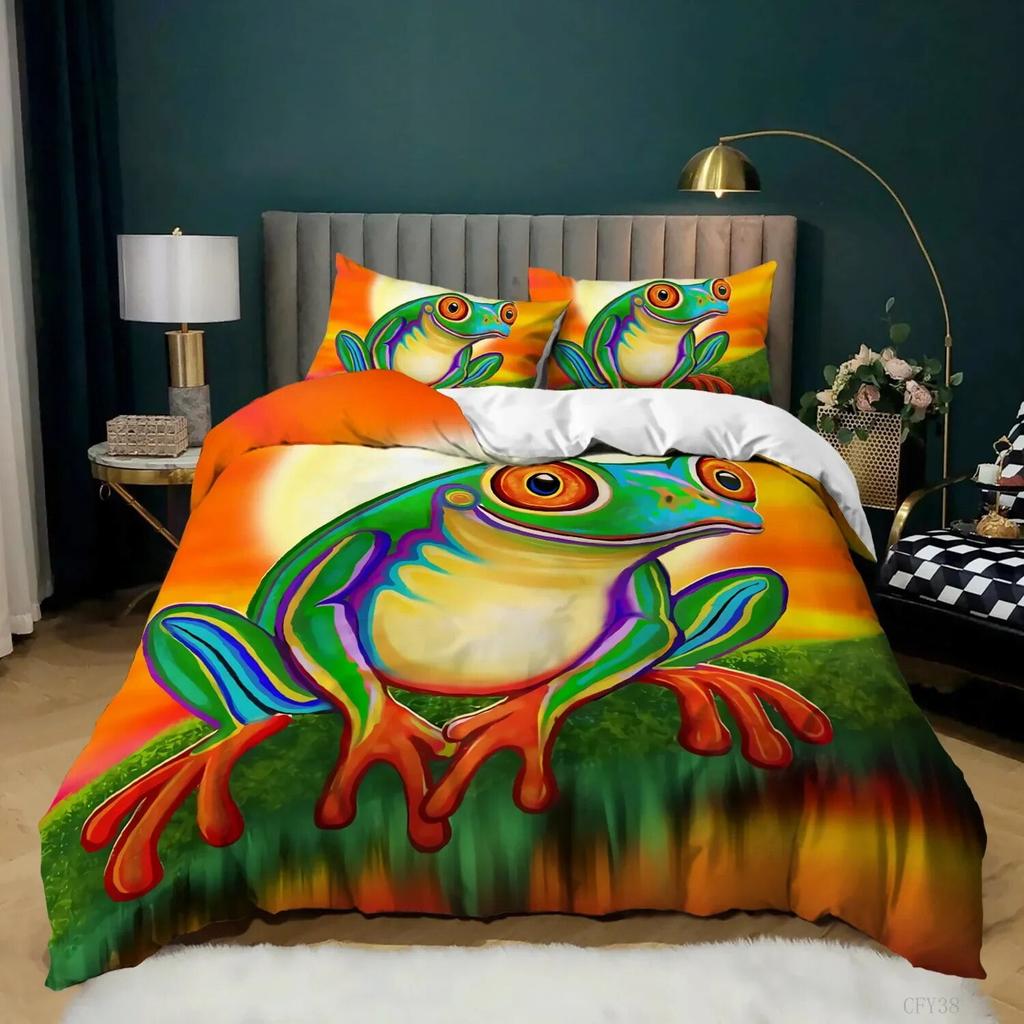 Frog Soft Duvet Cover Set Quen Sized Dimensions Funy Frog Tropical Amphibian Beding Set for Kid Tropical Nature Animal Comfortable Quilt Cover Warm