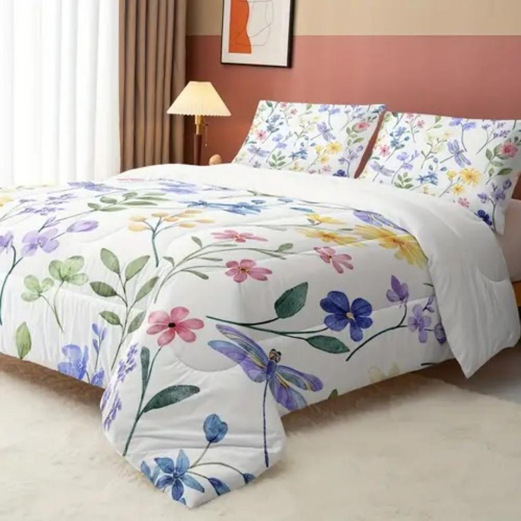 Dopamin Buntes Blumenmuster Romantischer Bettbezug Queen King Size Frühling Blumenmuster Bettwäscheset Raumdeko 3-teiliges Set Ohne Steppdecke