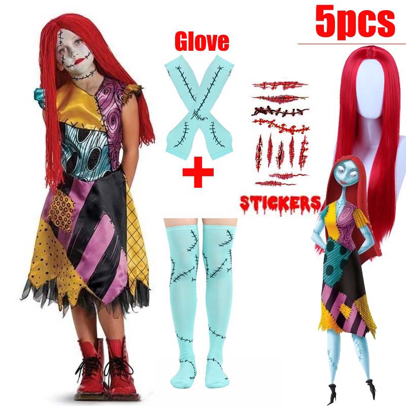 Kids Girls Boys Cosplay Christmas Eve Scary Ghost Bride Sally Skeleton Jack Dress Striped Halloween Character Dress Up Costume