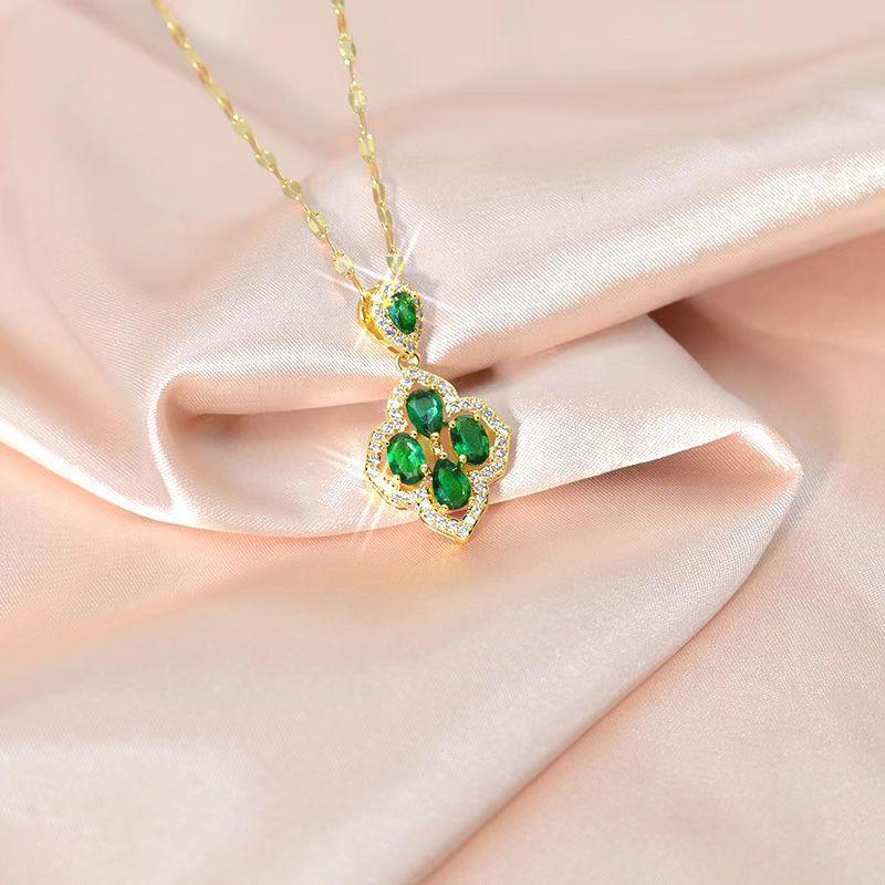 Wind Slightly Inlaid Jade Four-Leaf Flower Necklace Light Luxury Simple High Sense Women'S Titanium Steel Clavicle Chain Accessories