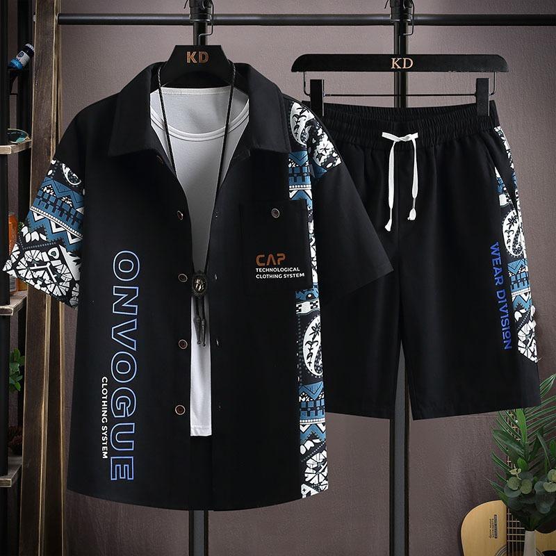 

Летний мужской костюм с короткими рукавами, повседневные шорты для молодежи, одежда из двух частей, повседневные спортивные шорты с принтом Tide Design Sense Splicing, большой размер XXXL чёрный