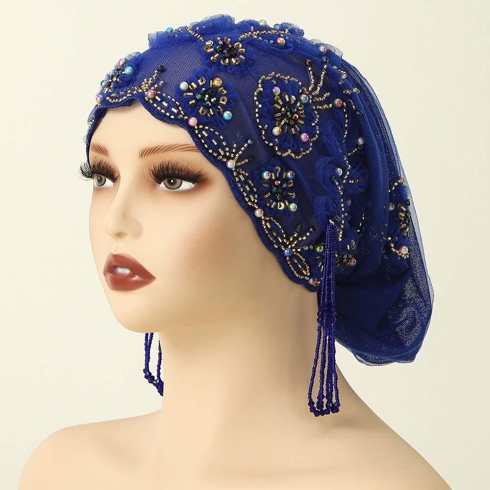 Shiny Beads Fishtail Cap Flower Embroidery Indian Headscarf Beaded Bonnet Fashion Ladies Style 2