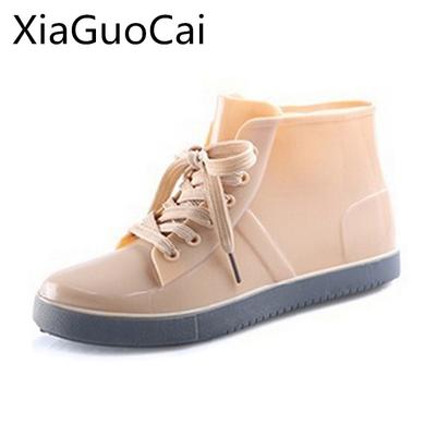 Hoge Kwaliteit Waterdichte Dames Regenlaarzen Lente Herfst Platform Enkellaarsjes Regen Leren Laarzen Veterschoenen Z461 35