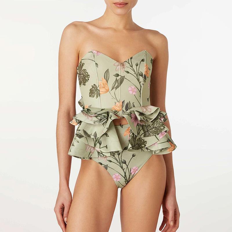 

European-American Ruffled Print Two-Piece Bikini Swimsuit - Holiday Beach Style XL