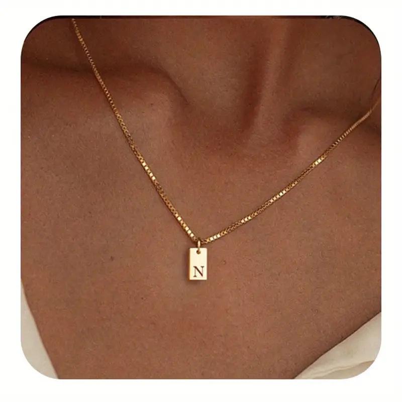 Exclusive 18K Gold Vacuum-Plated Stainless Steel Engraved Square Pendant Necklace with Alphabet Letters
