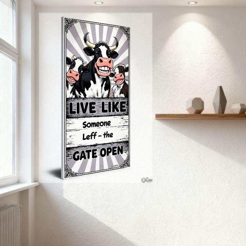 Cute Cartoon Cows Framed Metal Tin Sign - Live Like Someone Leff Gate Open Whimsical Poster for Home Bar Café Decor