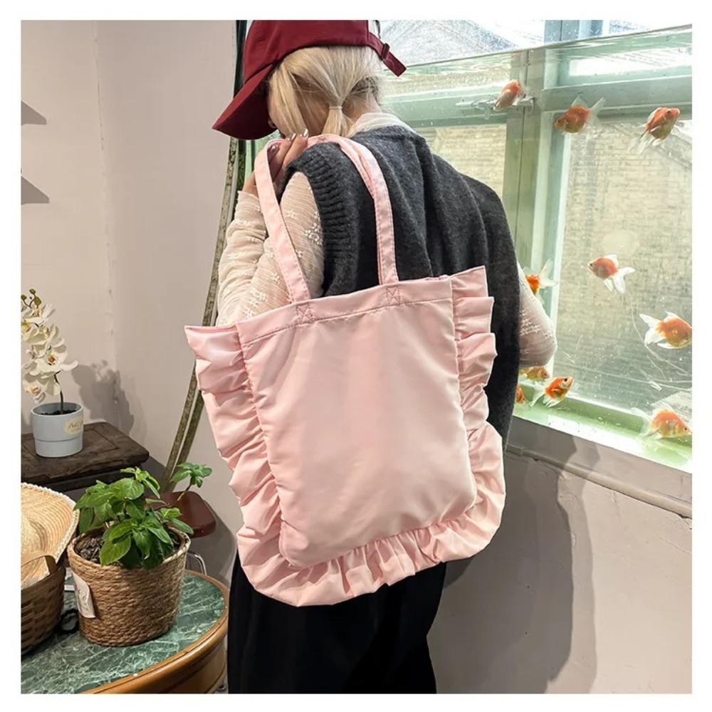 French Cloud Lace Shoulder Bag with Lace Edges Pleated Harajuku Style Satin Bow Handbag New Women's Large Capacity Tutoring Bag