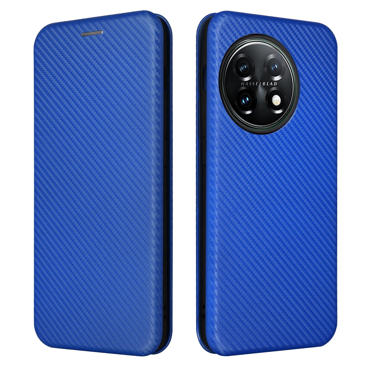 

For OnePlus 11 5G PU Leather Stand Card Slots Case Carbon Fiber Texture Magnetic Auto-absorbed Folio Phone Cover Blue
