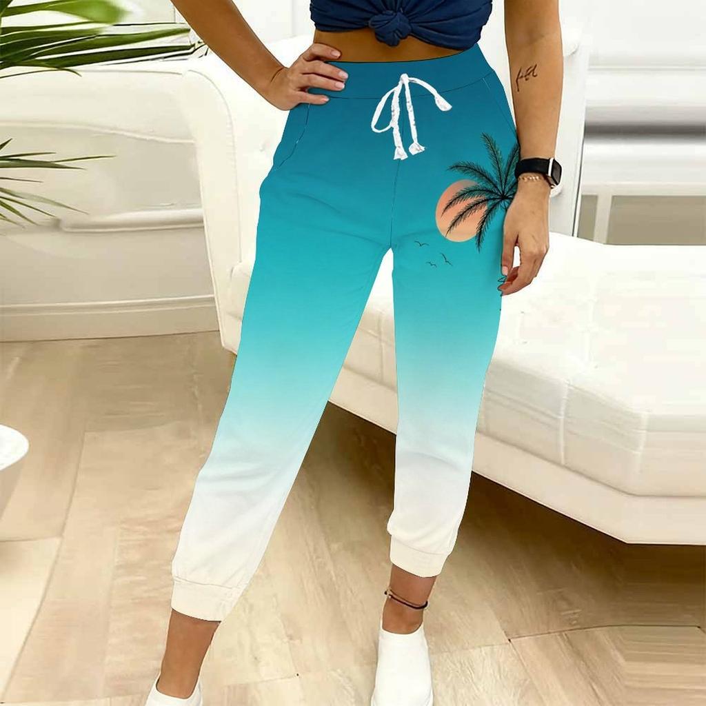 Women Plus Size Green Clover Printed Drawstring Waist Jogger Pants Side Pockets Cuffed Ankle