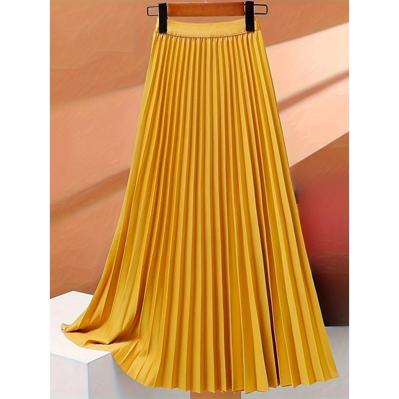 Women's Boho Satin Metallic Pleated Skirts Elastic High Waist Flowy A Line Skirt High Elastic Waist Pleated Chiffon Skirt Midi Swing A-line Skirts