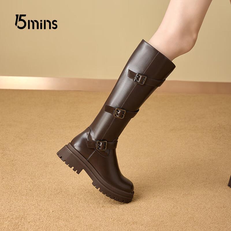 15MINS Women's Winter Warm Block Heel High Boots with Belt Buckle