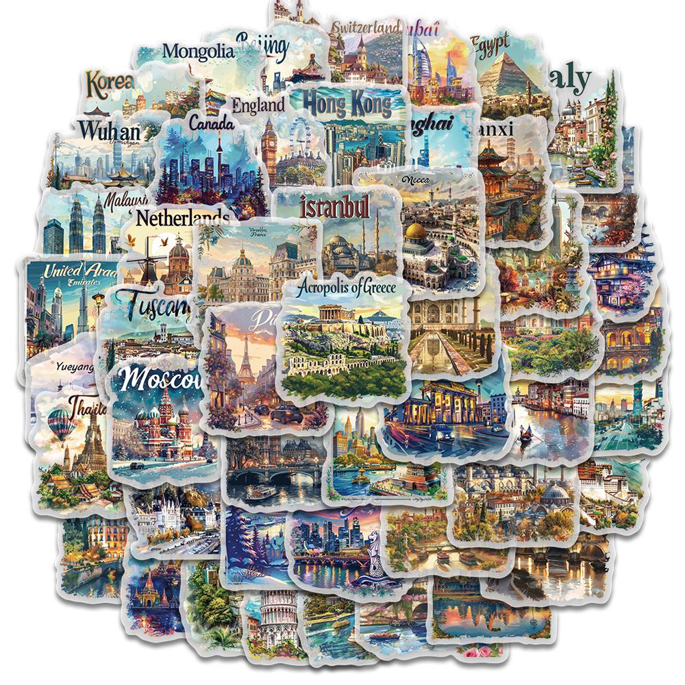 

50/100PCS Famous City Print Stickers Travel Postcard DIY Toy Gift Phone Luggage Laptop Creative PET Waterproof Graffiti Sticker