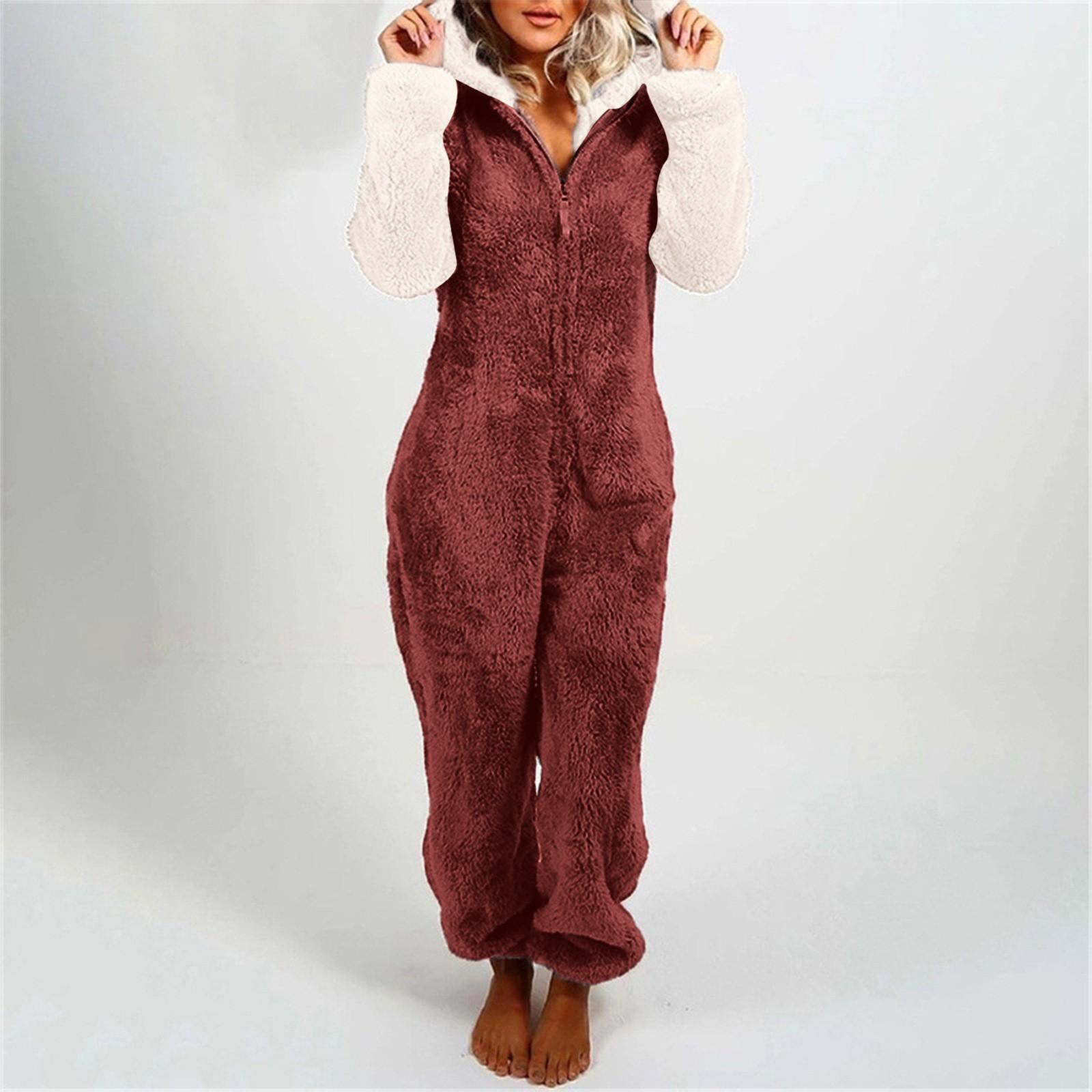 

Women Long Sleeve Hooded Jumpsuit Pajamas Casual Winter Warm Rompe Sleepwear L червоний