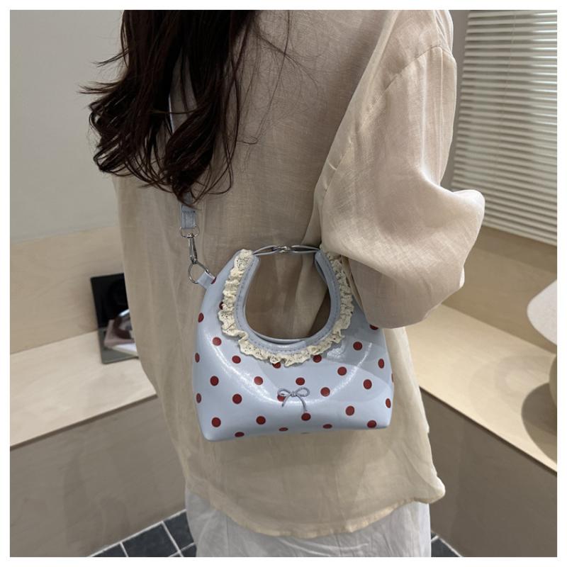 Polka Dot PU Leather Bag with Detachable Strap Lace Ruffled Handle Cute Bow Casual Purse for Daily Use