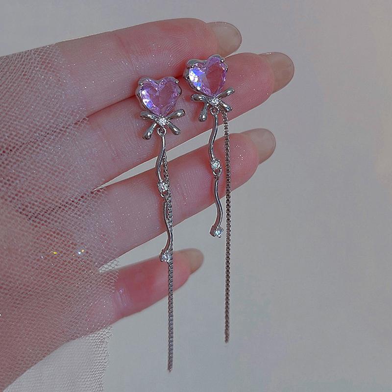 Y2K Shiny Pink Crystal Heart Earrings for Women Creative Zircon Bow Tassel Drop Dangling Earrings Elegent Party Zircon