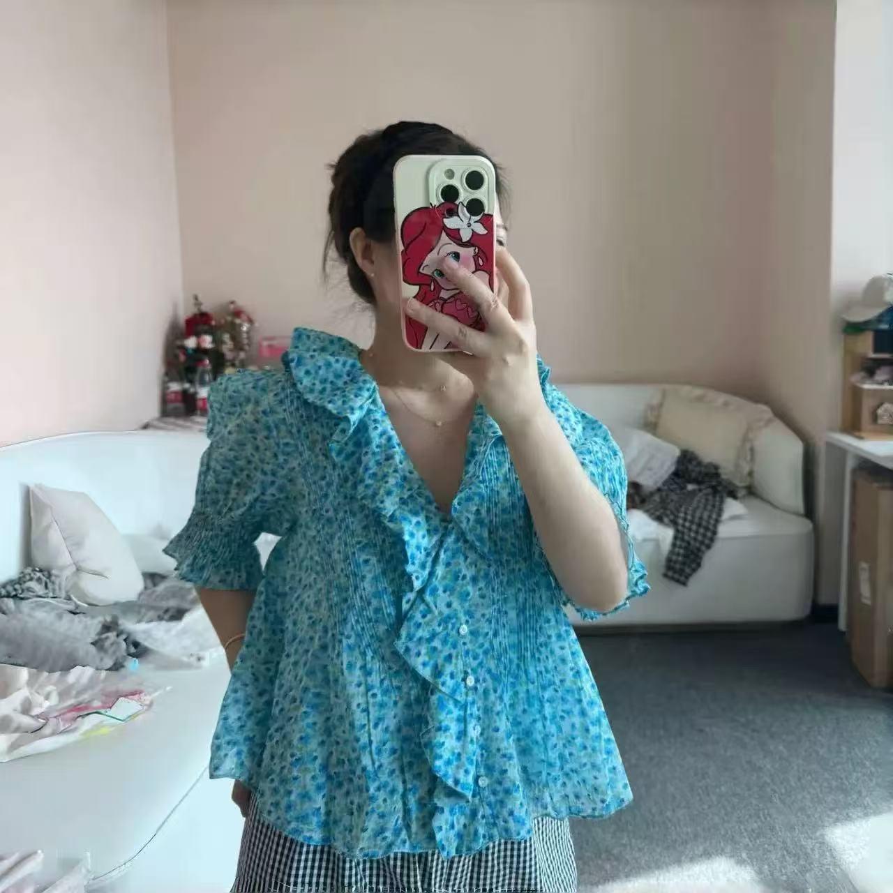 French Niche Pastoral Floral Print Ruffle Collar Slimming Shirt L