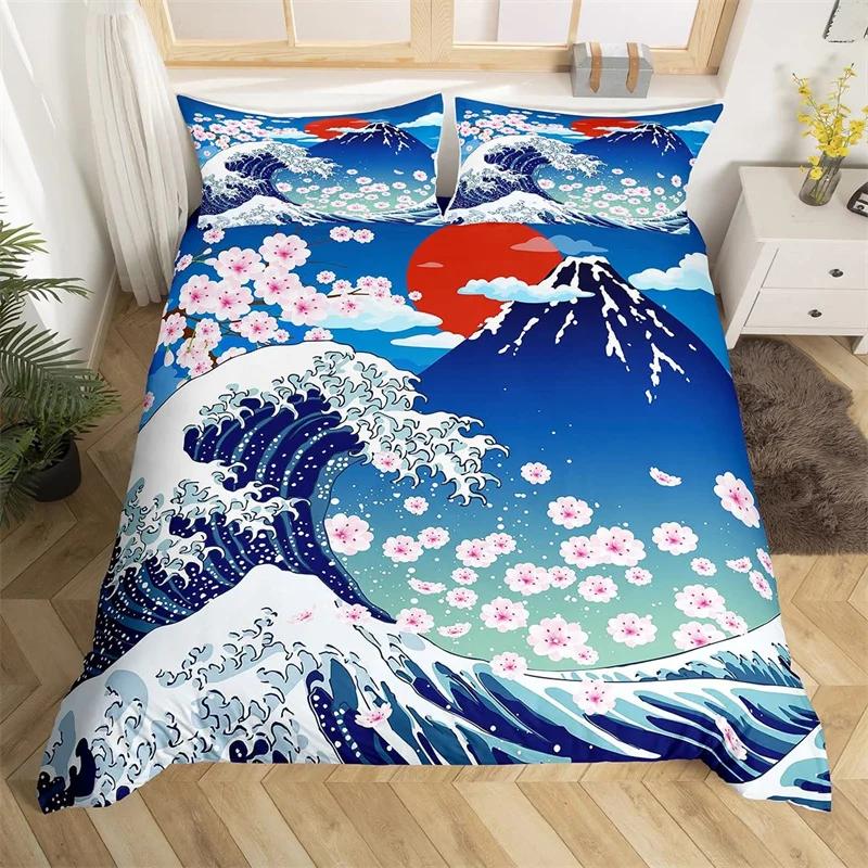 Cherry Blossoms Bedding Set Landscape Painting Duvet Cover Set Japanese Style Comforter Cover Polyester Abstract Art Quilt Cover