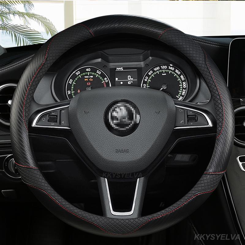 Carbon Faser Leder 38CM Auto Lenkrad Abdeckung für Skoda fabia 1 2 octavia 1 2 3 A3 A5 Yeti roomster superb Auto Zubehör