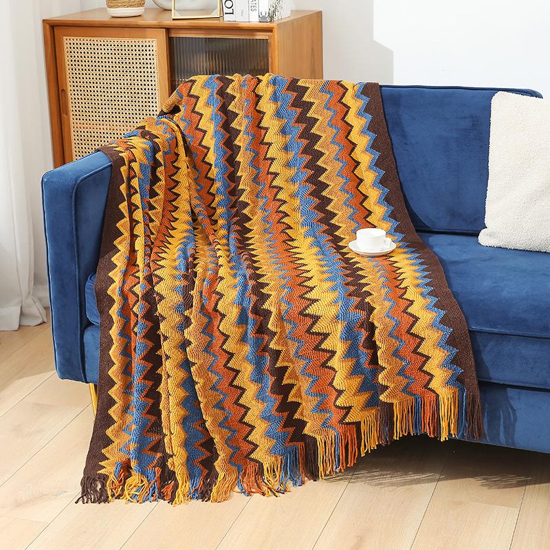Boho Knitted Fringe Throw Blanket Colorful Chevron Pattern Cozy Soft Tassel Blanket For Sofa Bed Office Travel