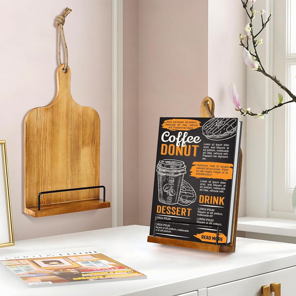 Adjustable Recipe Book Wooden Holder Bracket with Anti-Slip Kickstand