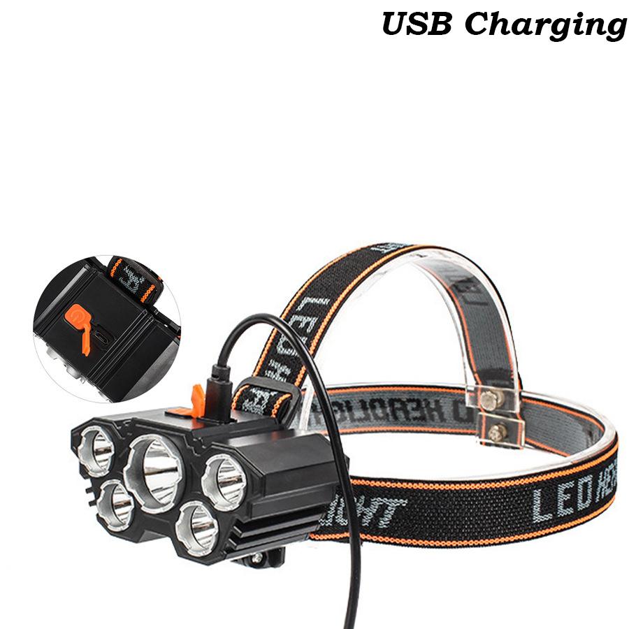 5 LED Kafa Lambası Şarj Edilebilir Dahili 18650 Pil Güçlü Işık Kafa Lambası Kamp Macera Balıkçılık Kafa Işığı El Feneri