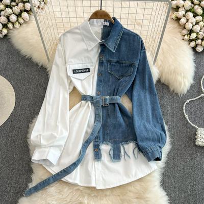 Denim costura lapela vestido outono e inverno novo estilo coreano cintura magro irregular meados de comprimento vestido camisa
