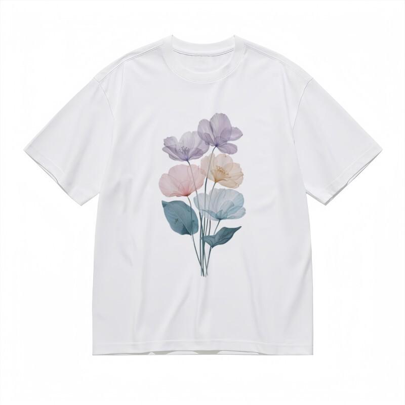 

Women s Round Neck Classic T-Shirt Pastel Floral Cluster with Leaf Motif Tee M