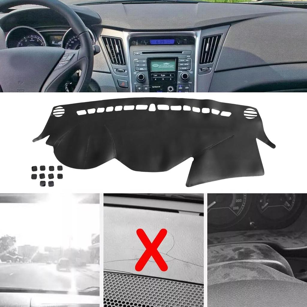 Leather Car Dashboard Dash Cover Pretector Mat Black Compatible with Hyundai Sonata 2011 2012 2013 2014
