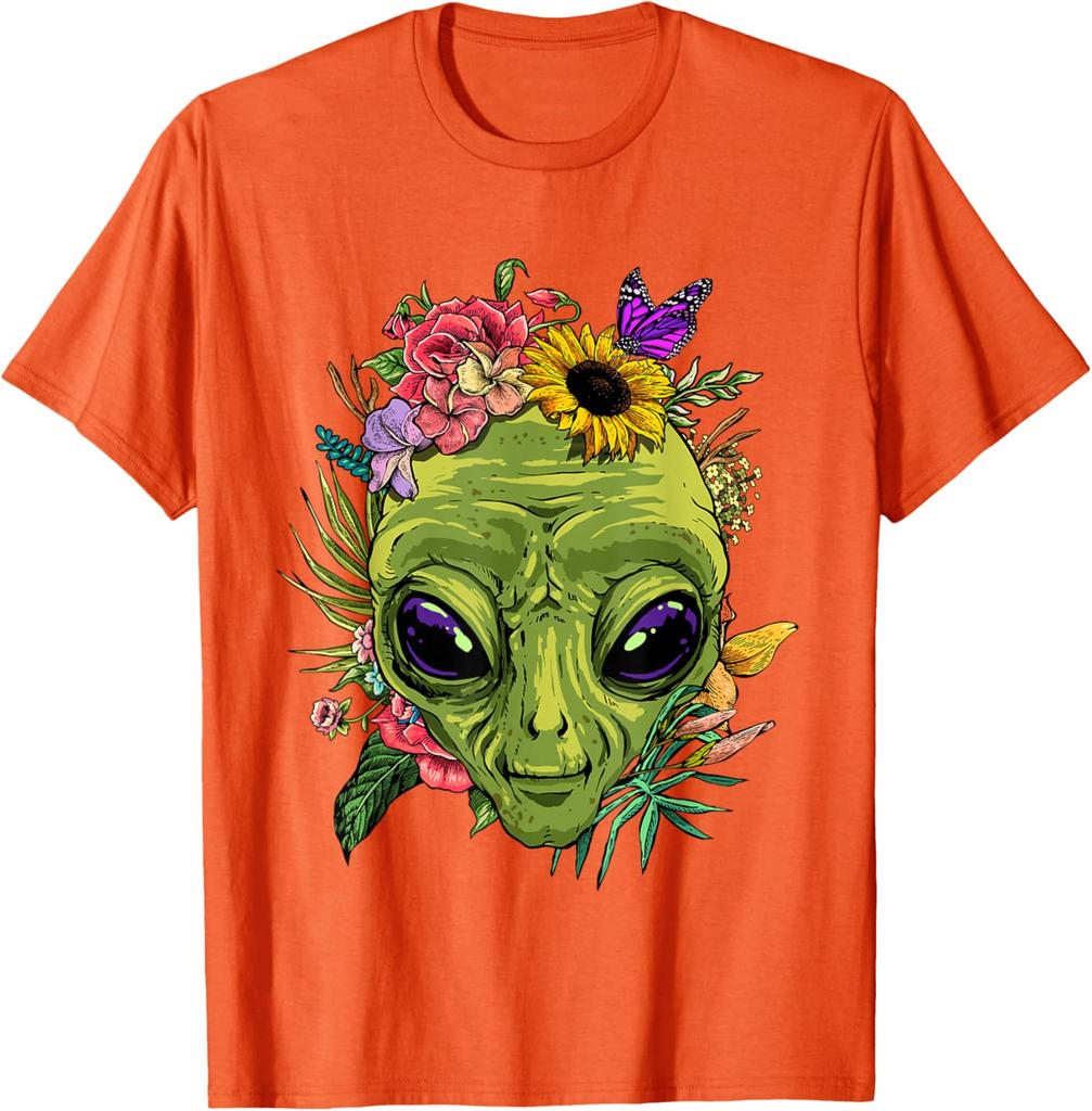 Alien mit Blumen Grafik-T-Shirt Herren Lässig Sommerausflug Rundhals-T-Shirt