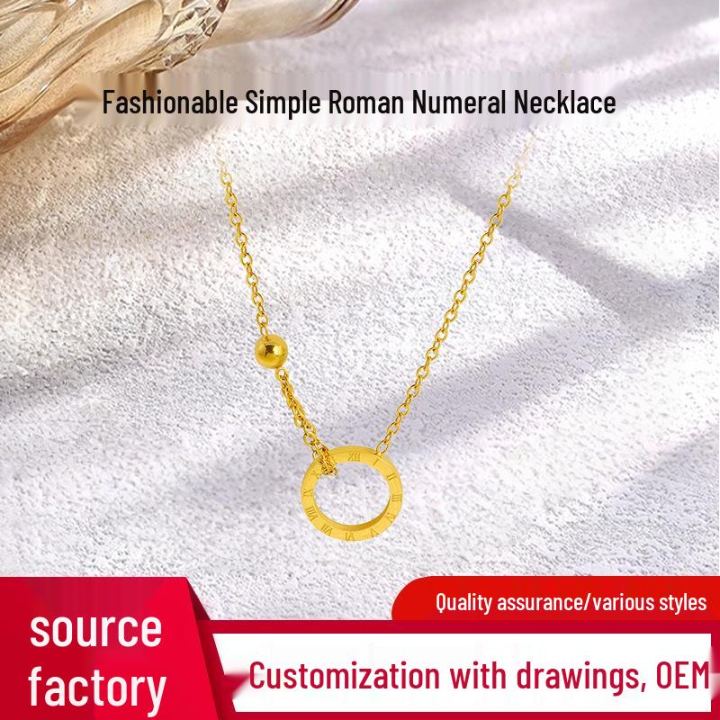 Simple Roman Numeral Pendant Necklace with Circle Clavicle Chain Steel